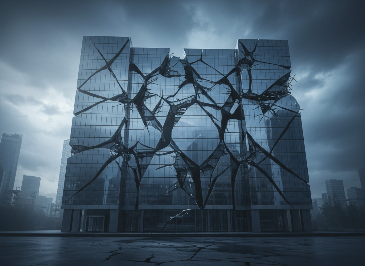 A cracked or fragmented corporate office building seen from outside, symbolizing broken organizations. Modern architectural style, moody and dramatic lighting, subtle blue and grey tones, professional editorial aesthetic. No people, no text.